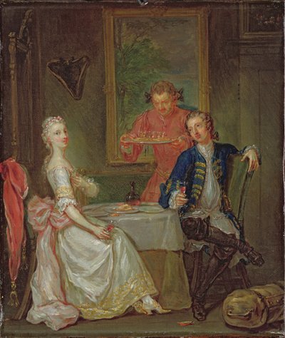 Una conversación durante la cena (Un hombre y una mujer bebiendo en la cena) de Marcellus the Younger Laroon